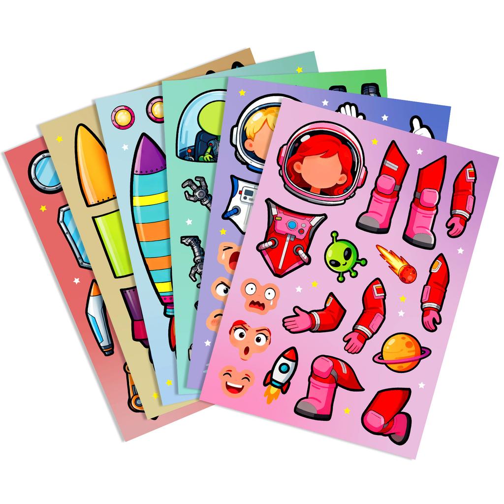 New 6 Sheets/Pack Colorful Space Adventure Puzzle Face Change Sticker Cartoon Rocket Astronaut Children Hands-On Brain Collage