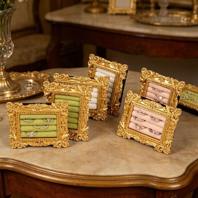 Tabletop Jewelry Display Holder with Ornate Frame, Four Ring Rows for Counter Merchandising, Vanity Storage, and Styling Use