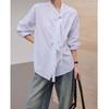 Women's Light Blue Striped Blouse Tie Neck Ruffle Detail Long Sleeve Casual Shirt