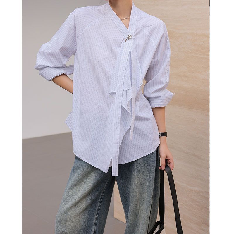 Women's Light Blue Striped Blouse Tie Neck Ruffle Detail Long Sleeve Casual Shirt