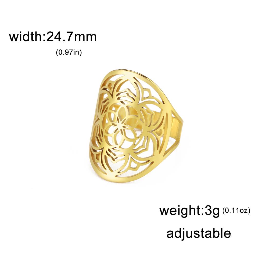 Cazador Hollow Flower of Life Women's Rings Adjustable Stainless Steel Open Rings Wedding Anniversary Jewelry Mother Day Gift