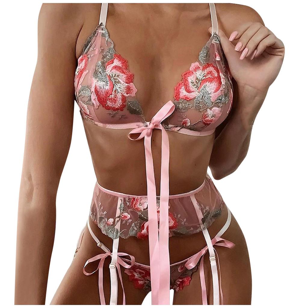 3PCS Bra Lace New Sexy Fashion Bow Tie Sleepwear Underwear Lingerie Flower Lace