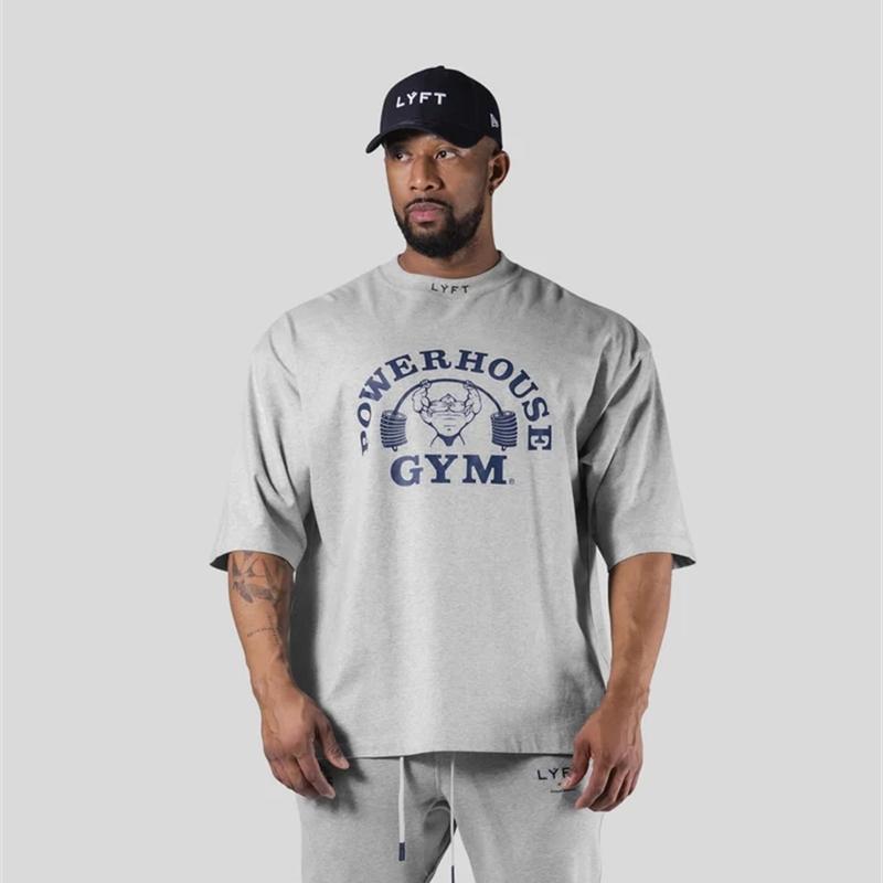 2026 Summer Mens Gym Tshirt Barbell Muscle Graphic Oversized Heavy Cotton Streetwear For Bodybuilding Powerlifting