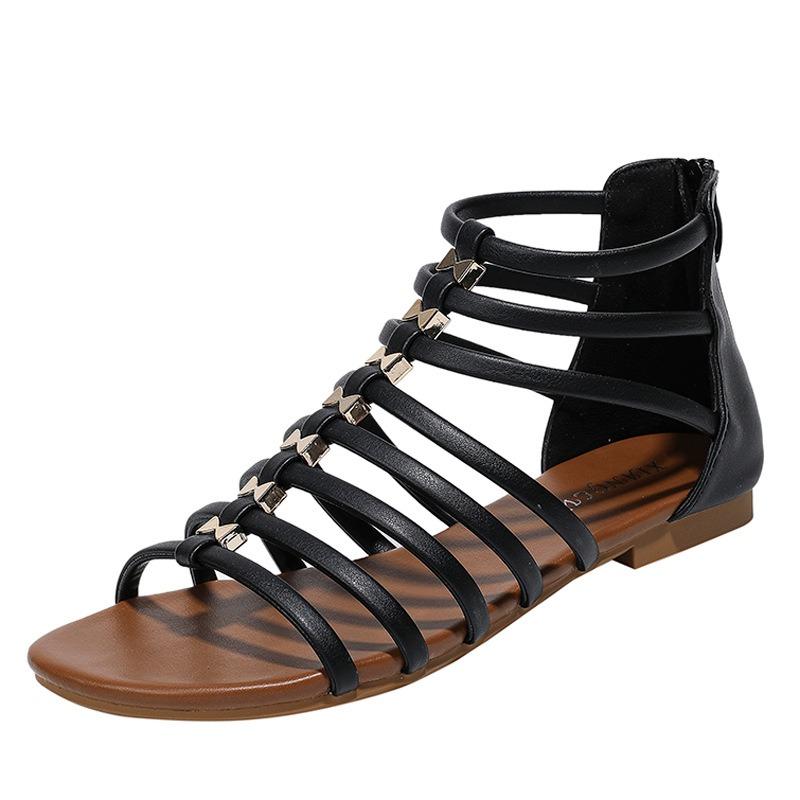 Sandales croisées pour femmes, chaussures romaines simples d'été pour vacances en bord de mer, nouvelles chaussures rétro à dos plat avec fermeture éclair ethnique bohème