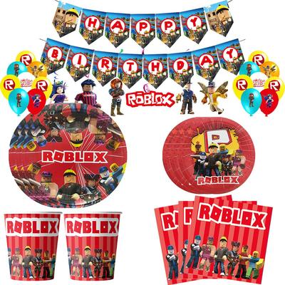 Red Robot ROBLOX Party Tableware Set: Includes Paper Cups, Plates, Napkins, and Tablecloth for Birthday Celebrations.