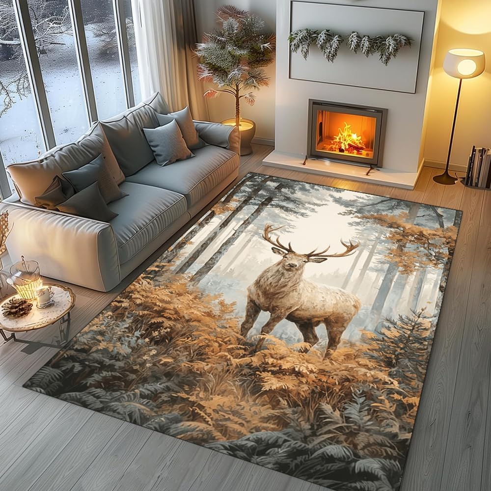 Retro Deer Pattern Carpet Mat - Nordic Style Home Decoration Carpet Suitable for Living Room  Bedroom Animal Printed Floor Mat