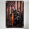 Knight In Full Armor Kneeling Metal Tin Sign, Ornate Golden Sword, Tattered US Flag Background, Patriotic Gritty Decor for Man C
