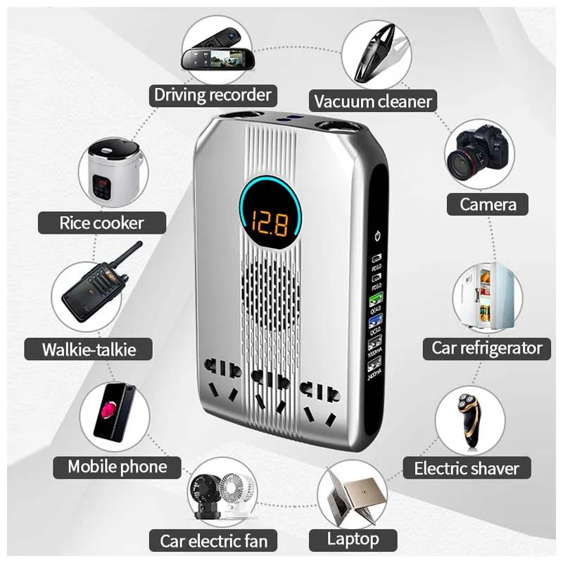 BUWEI New Car Inverter DC 12V/24V to AC 220V All in One USB Car Charger QC3.0/4.0 PD3.0 Fast Charging 3-Sockets Power Adapter