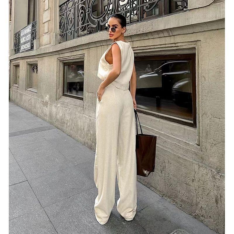 Fashion Style Summer Fashion Casual Khaki Sleeveless Top and Trousers Two-piece Set Vest and Pants Set