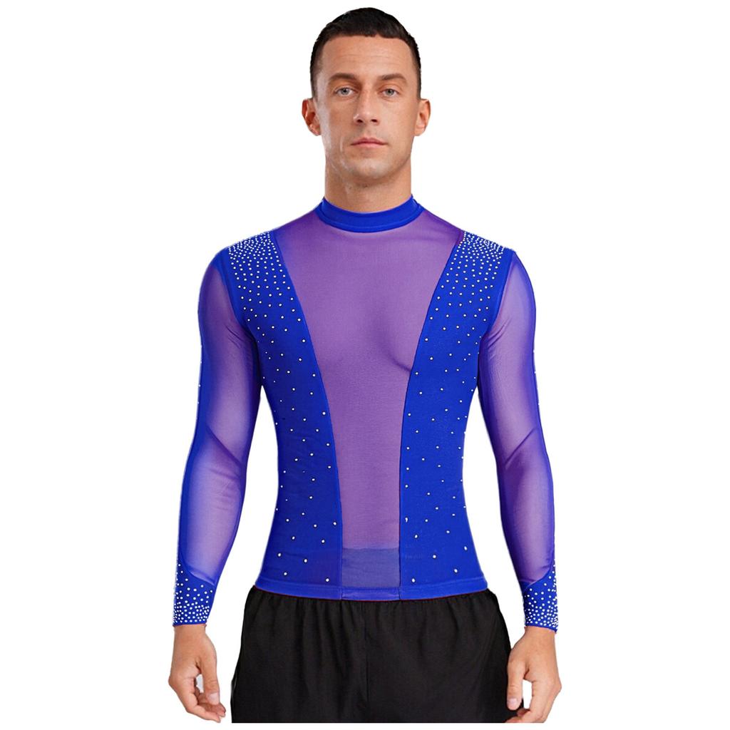 Mens Latin Dance Top Sheer Mesh Patchwork Shiny Rhinestone Mock Neck Long Sleeve T Shirt Stage Performance Blouse