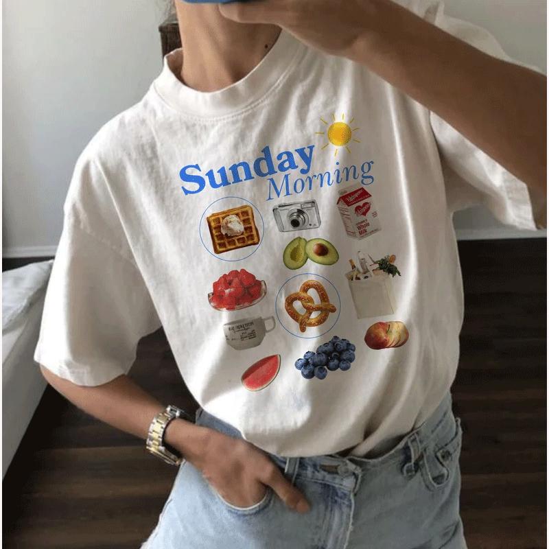 Korean T-shirt Women Fig Fruit Graphic Shirt Aesthetic Vintage TShirt Graphic Summer High Quality Cotton Ropa Mujer Aesthetic