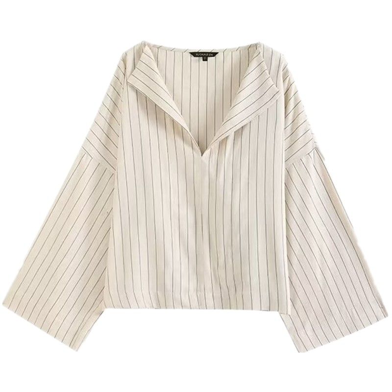Fashion Style 2024 New Fall Women's Clothing Loose Versatile Contrast Color Stripes Linen Blended Shirt 5146664