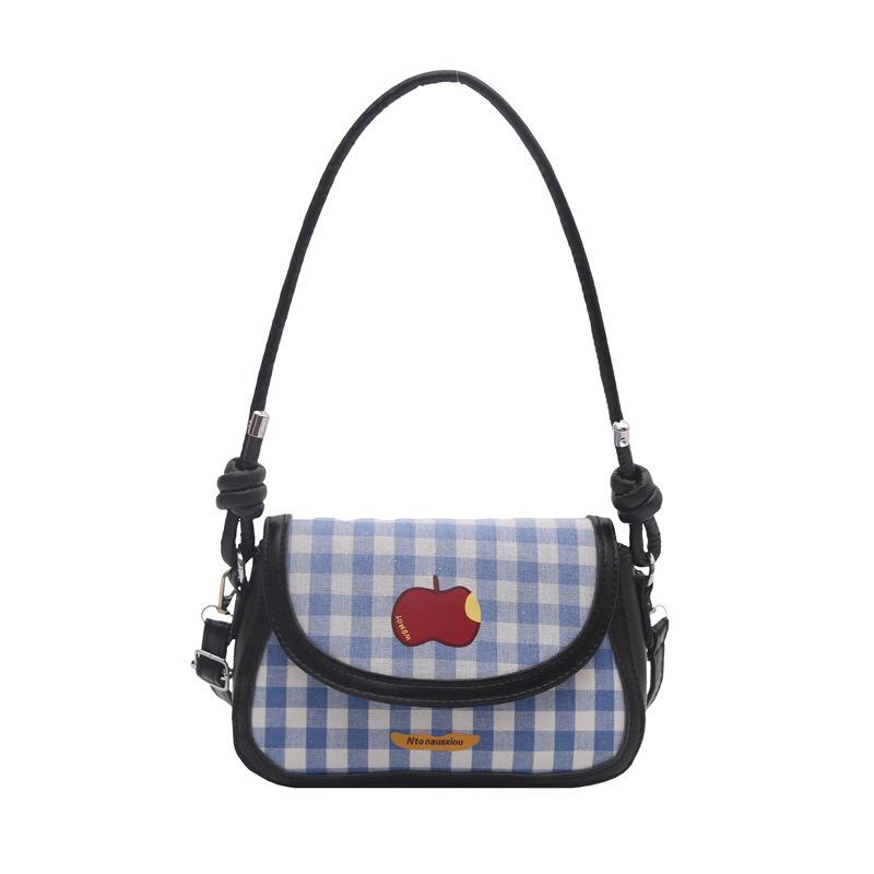 Korean Version Plaid Mini Shoulder 2025 Contrasting Color Embroidery Chain Messenger Bag Sweet and Cute Portable Fashion Saddle Bag