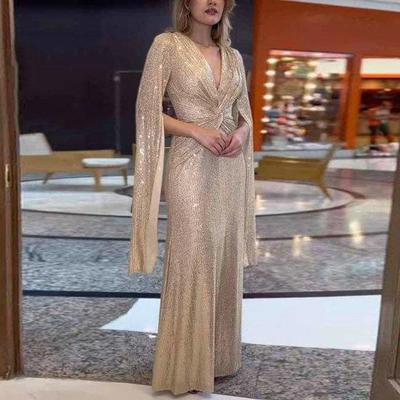 Rochie de seară pentru femei, mâneci despicate, cu decolteu în V adânc, paiete strălucitoare, slim Fit, talie strânsă, cu nod, plisată, lungime întreagă, culoare solidă, rochie maxi pentru banchet pentru damă