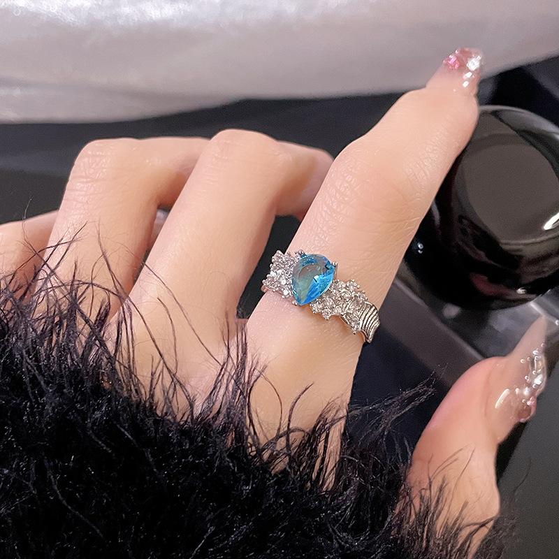 Fairy Wind Aquamarine Niche Design Sense Open Ring Light Luxury Premium Water Drop Full Diamond Index Finger Ring Stacked Wear Ring