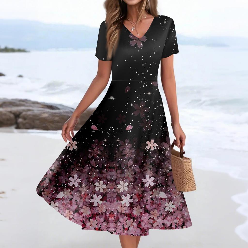 Women's Summer Casual Fashion Print Pocket Short Sleeve V-Neck Swing Dress