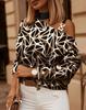 Women Long Sleeve Chain Halter Neck Printed Tops Autumn Winter Button Decorated Fashion