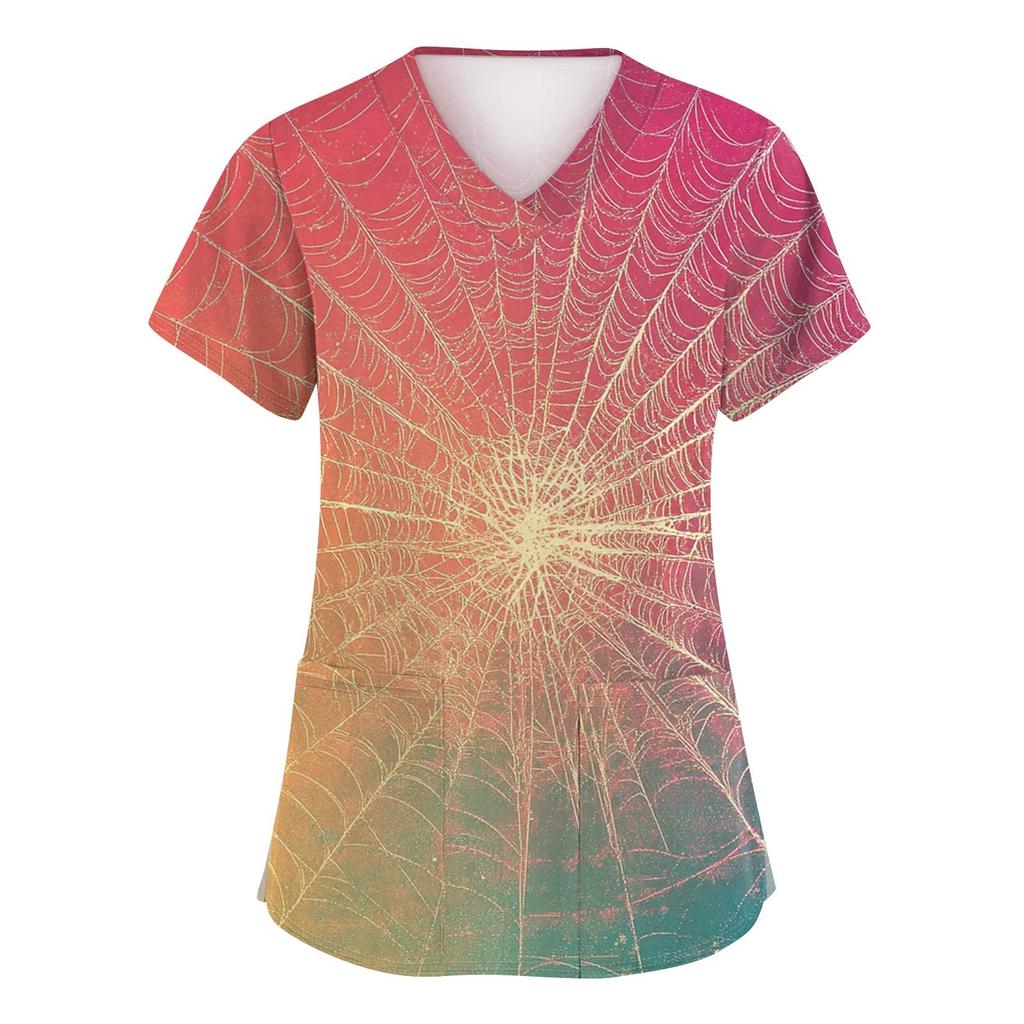 Women's Fashion V-neck Short-sleeved Work Uniform With Pockets, Halloween Print Top