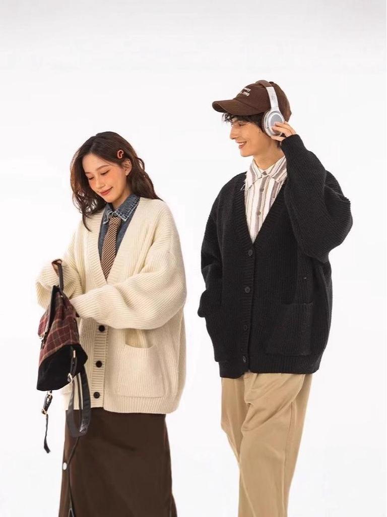 Trendy Japanese-Style V-Neck Knit Cardigan - Autumn/Winter Loose Fit Sweater for Couples