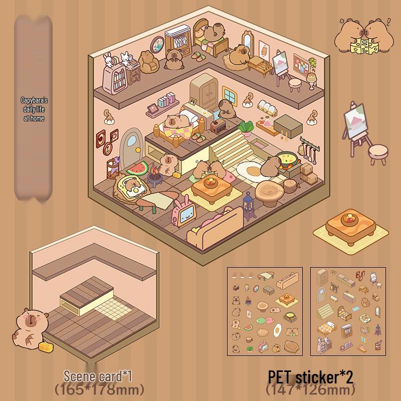 3D Capybara and Puppy Cartoon Landscape Stickers for DIY Journals and Quiet Books