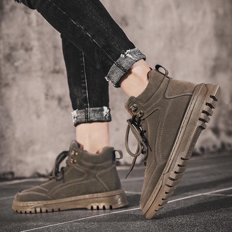 men's winter warm plus velvet British style tooling boots high-top leather men's shoes couple large size boots men'2024