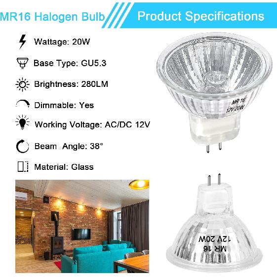MR16 Halogenlampe 20W Dimmbar 12V GU5.3 Bi-Pin Sockel Strahler mit Langer Lebensdauer, 2700K Warmweiß MR16 Lampen mit Klarem Glasabdeckung für Landschaft,
