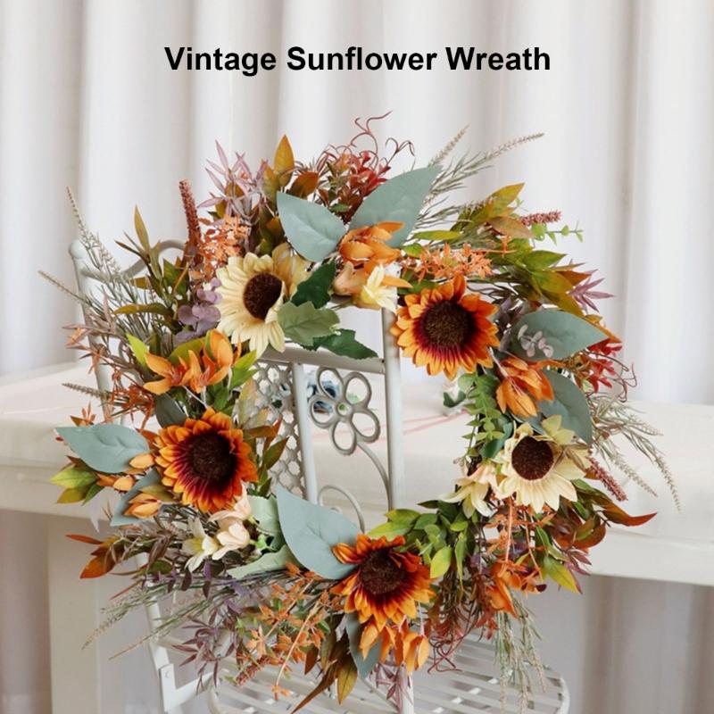 Artificial Sunflowers Wreath Handmade Decorative Garlands for Home Decoration Elegant Faux Florals Hanging Ornament