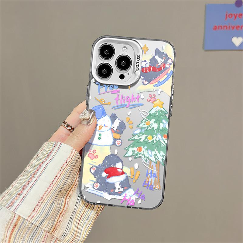 New Christmas puppy iPhone 16 Pro Max phone case, dual-layer colored silver, 14/13 inches, drop protection.