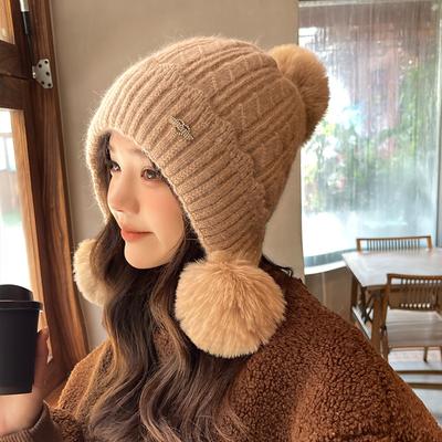 Thicken Beanie Earflap Hat Women Winter Hats Cotton Lined Pom Pom Hats for Womens Warm Thick Knit Cap