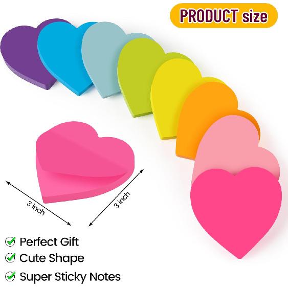 Heart Sticky Notes 3x3 In, 8 Pads, Super Cute Bright Color Strong Adhesive Post, Clean Removal, 82 Sheets/pad
