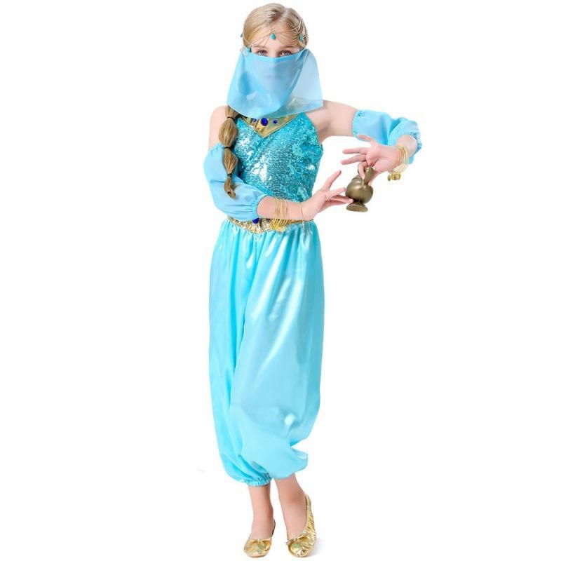 Halloween Green Arabic Girl Costume Children Belly Dance Indian Dance with Veil Princess Dress Full Set