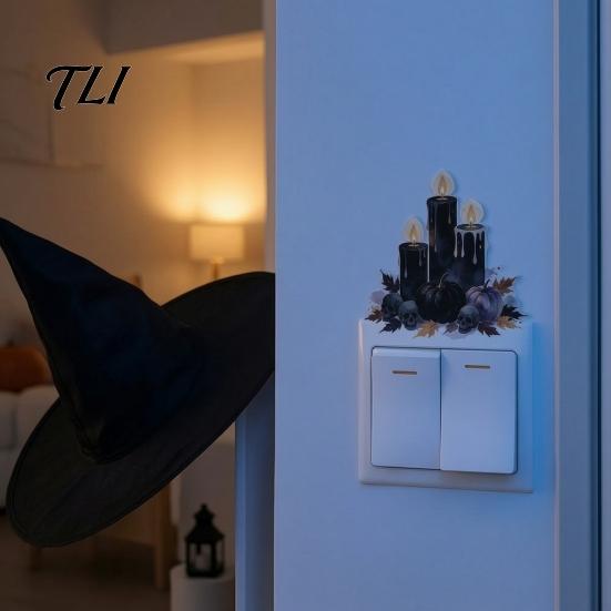 Retro Dark Fairy Tale Wall Decals Black Candle Pumpkin Skull Light Switch Sticker, Halloween Non Damaging Surface Art Removable Decal, Spooky