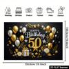 2D Flat Black Gold 50th Birthday Backdrop Gold Stars Pattern Black Gold Balloons Gift Box No Power Required For 50th Birthday Party Indoor