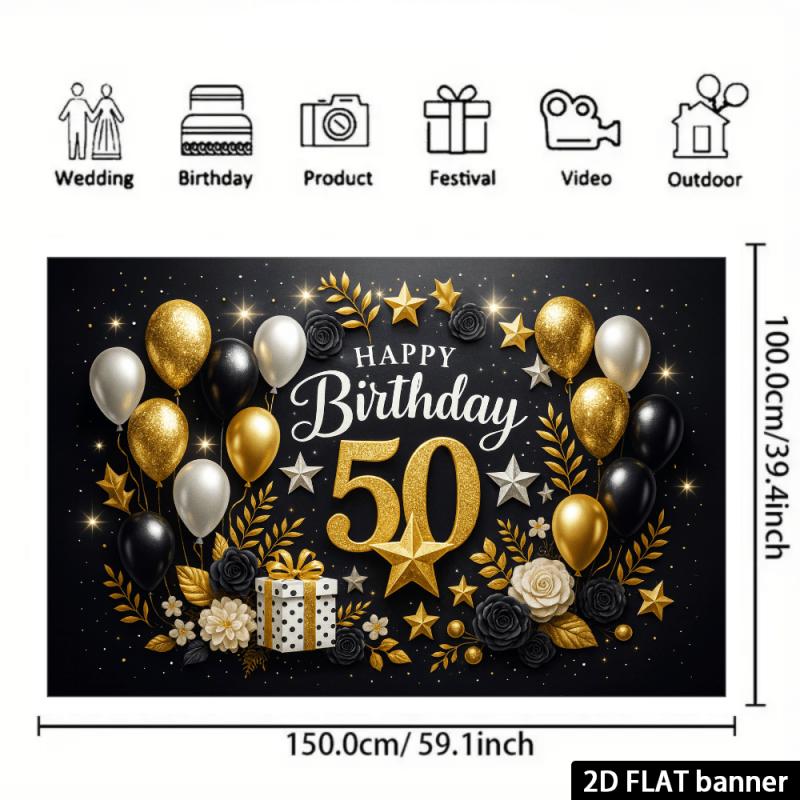 2D Flat Black Gold 50th Birthday Backdrop Gold Stars Pattern Black Gold Balloons Gift Box No Power Required For 50th Birthday Party Indoor