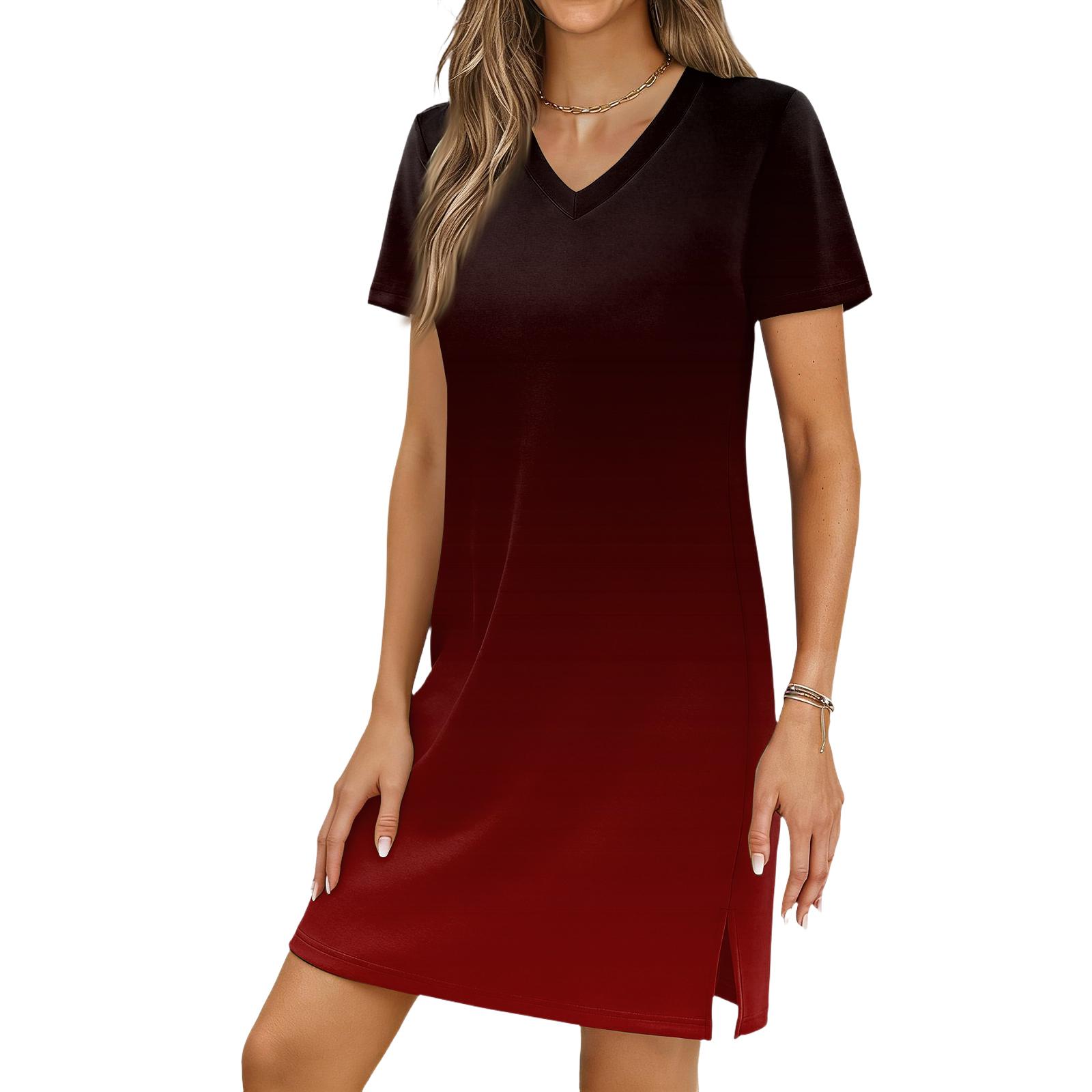 

Women s Casual V-neck Short Sleeve Split Hem Gradient Dress XXL винний