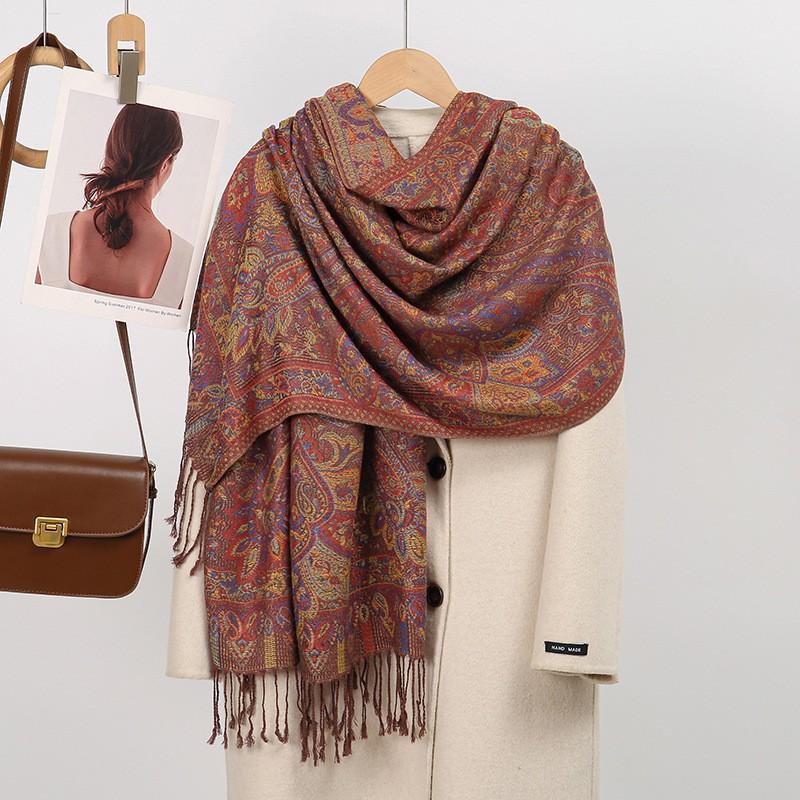 Acrylic Knit Shawl Scarf With Ethnic Jacquard Tassels All-Season Wearable Wrap Women