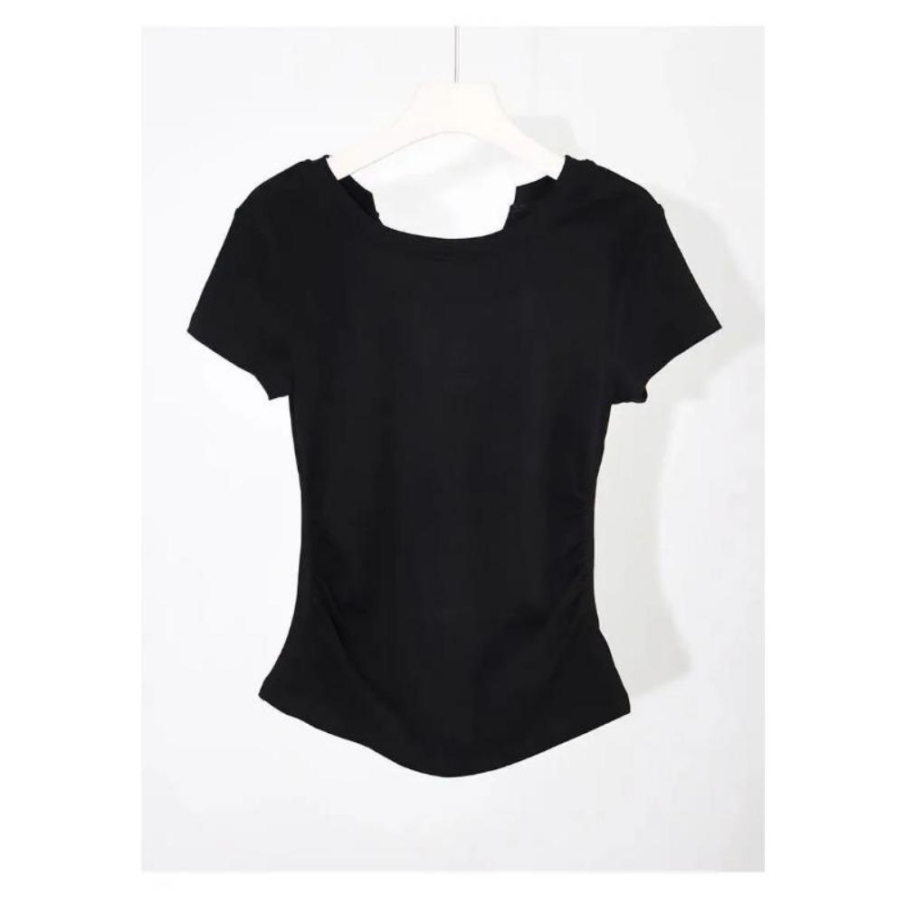 VAYLA Slimming Long Sleeve Black Knit T-Shirt for Women - One-Piece Wrap Around Style with Low Cut - Ins Top Slimming Shape-Wear