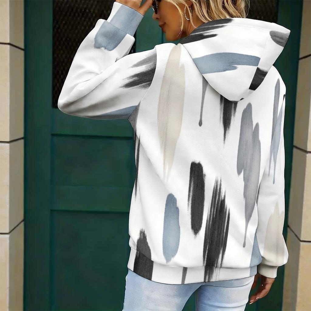 Women Plus Size Colorful Brush Print Long Sleeve Kangaroo Pocket Drawstring Hoodie