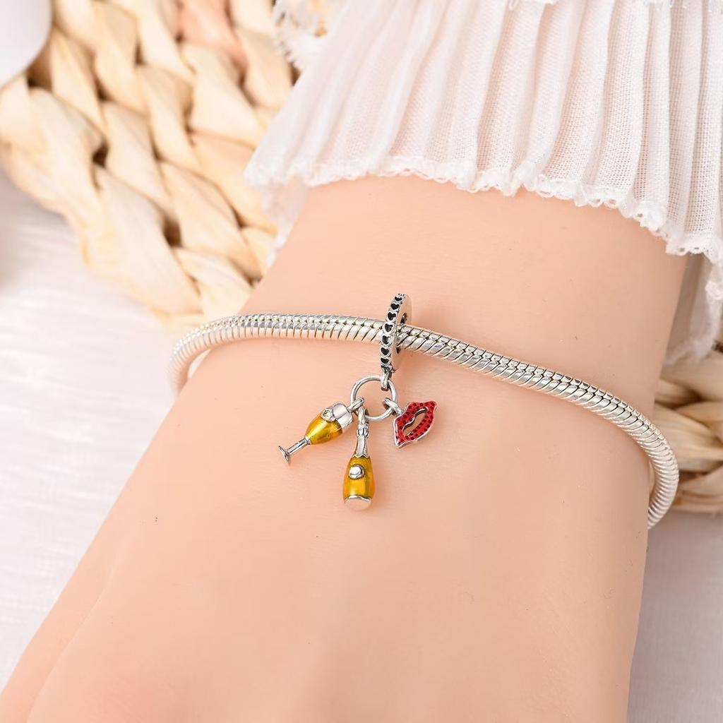 Colgante de copa de vino y cerveza con diseño creativo original, cuentas de plata 925, estilo DIY, accesorios de joyería, pulsera, regalo, accesorios de pulsera con dijes.