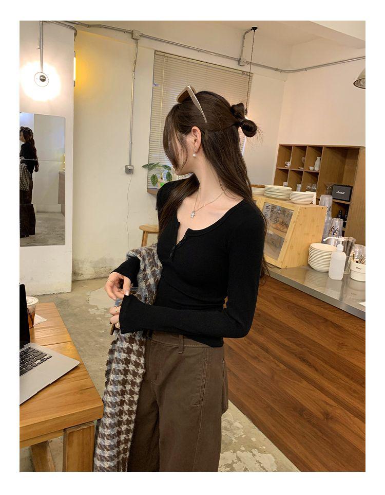 Women's U-Neck Long-Sleeve Shirt: Grey, Simple & Versatile - Perfect Autumn 2025 Base Layer