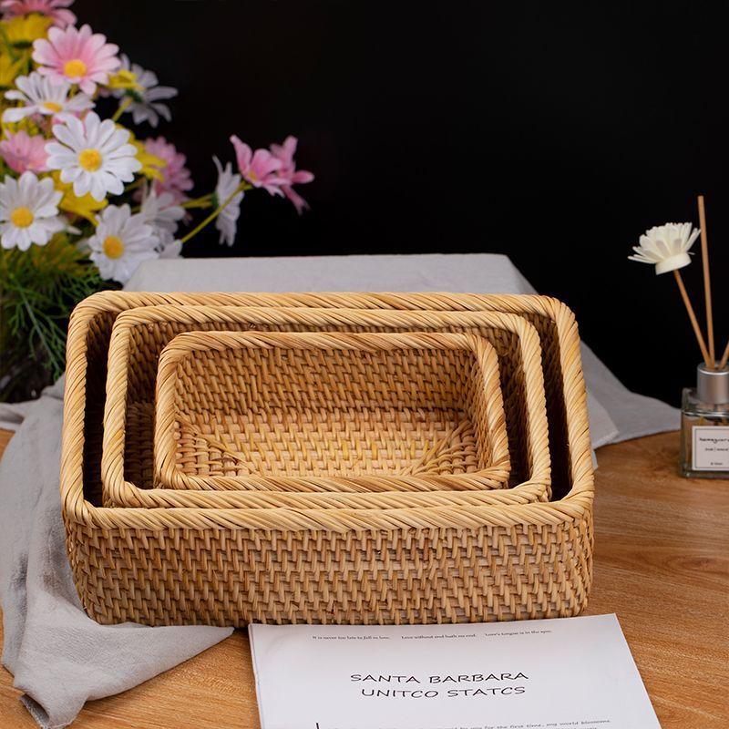 Ru Han Chinese Style Handwoven Rattan Rectangular Storage Basket
