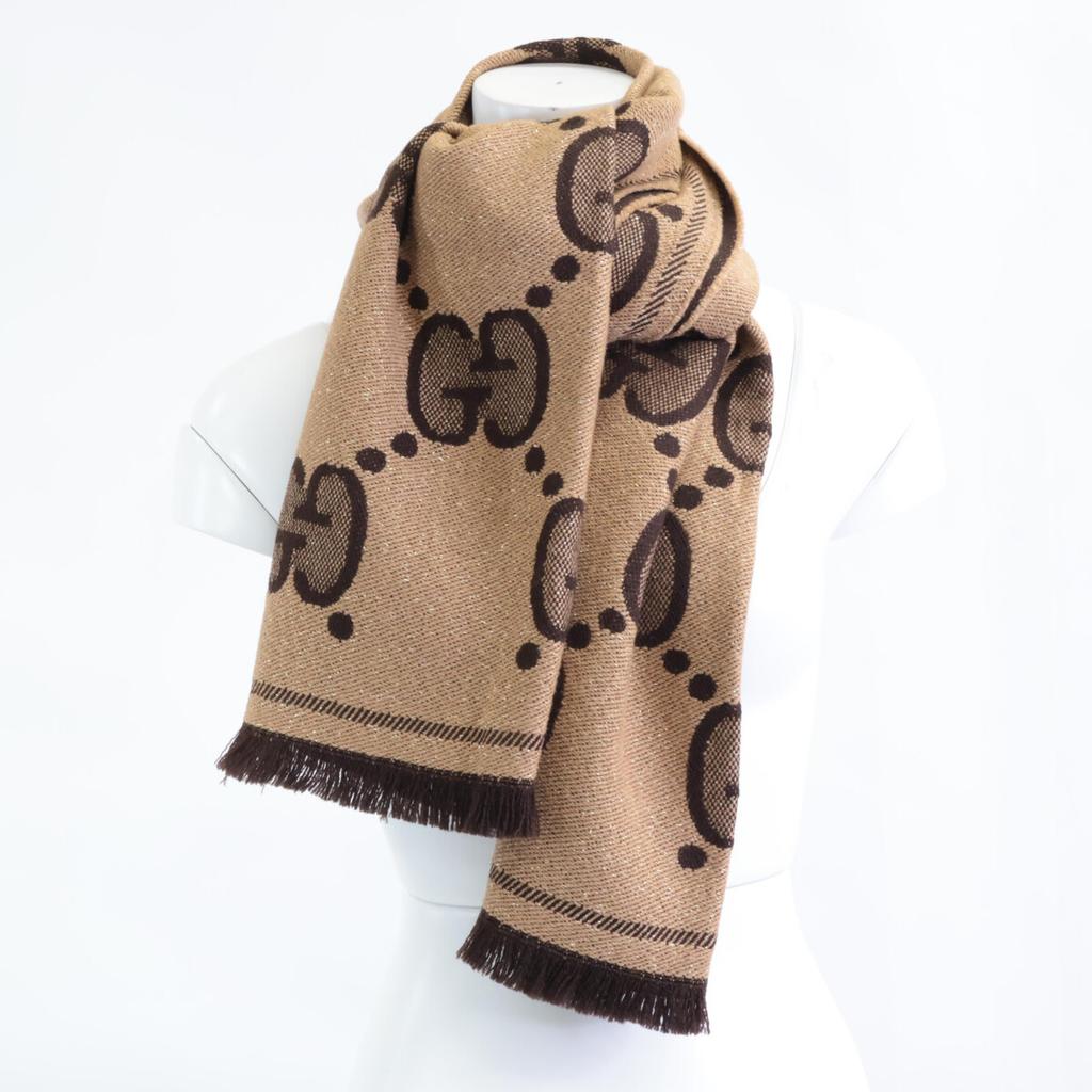 GUCCI [Excellent Condition] 598993 3GC15 GG Glitter Jacquard Fringe Scarf 45 x 76.8" Beige / dark brownUsed