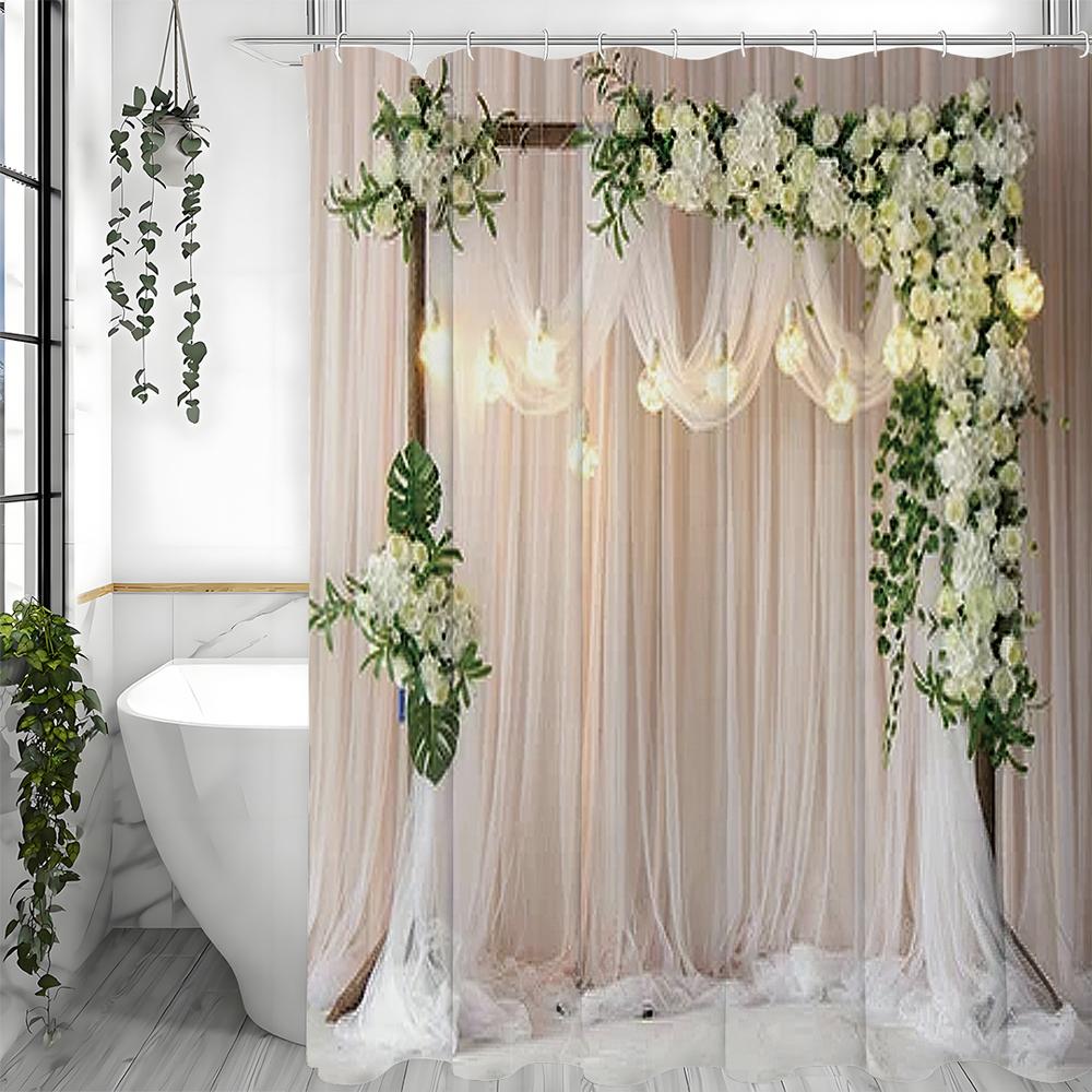 Warm Cure Small Scene Floral Colorful Lights Curtain Shower Curtain, Bathroom Decorative Shower Curtain, Waterproof Shower Curta
