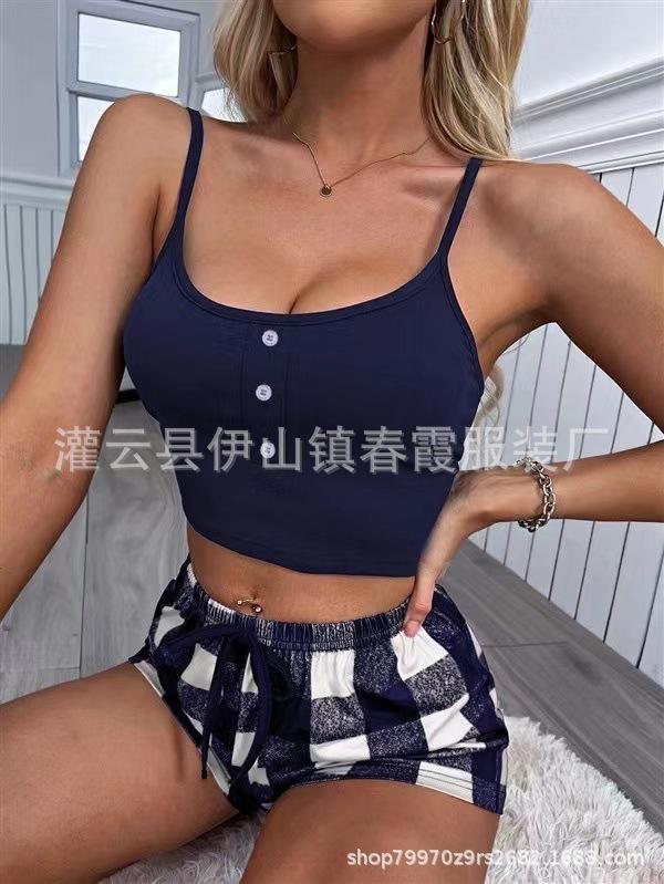 New European and American printed pajamas set casual and comfortable suspender shorts loungewear two-piece set for women S синий