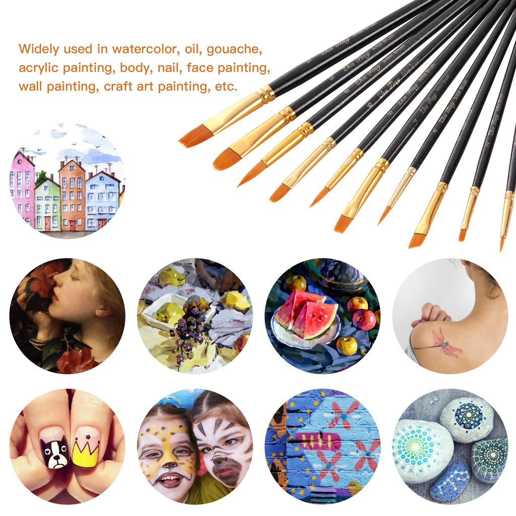 10pcs Artists Paint Brushes Nylon Hair Wooden Handle Professional Paintbrush Gift for Children