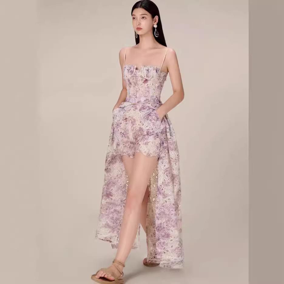 Vietnamese Designer Floral Embroidered Suspender Dress & Slim Split Long Skirt Set