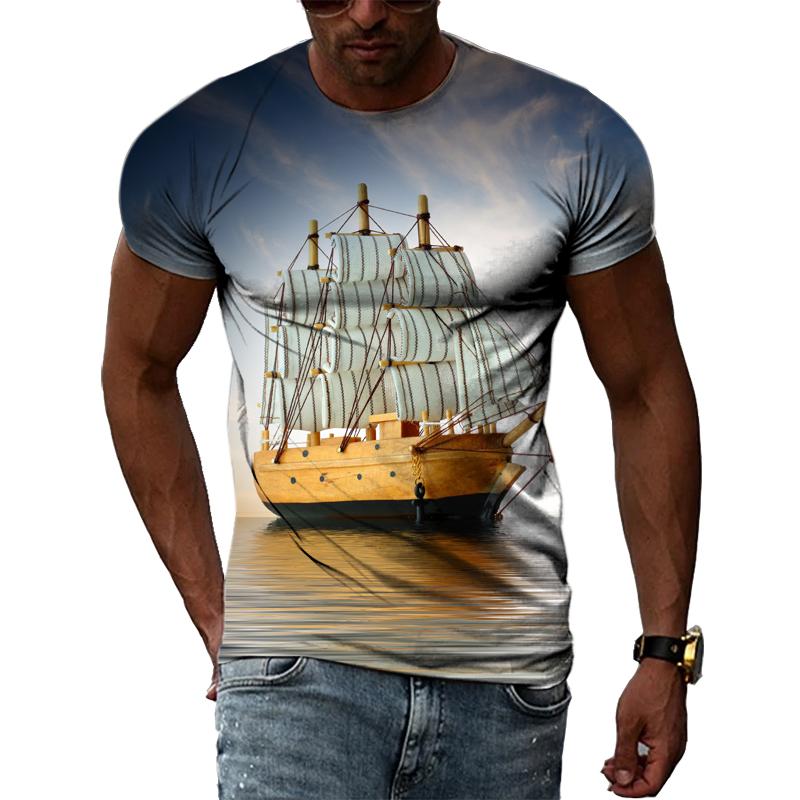 Sommer Segelboot Auf Meer Grafik T Shirts Männer Mode Lässig Persönlichkeit 3D Gedruckt Rundhals Kurzarm Streetwear T-shirts Tops