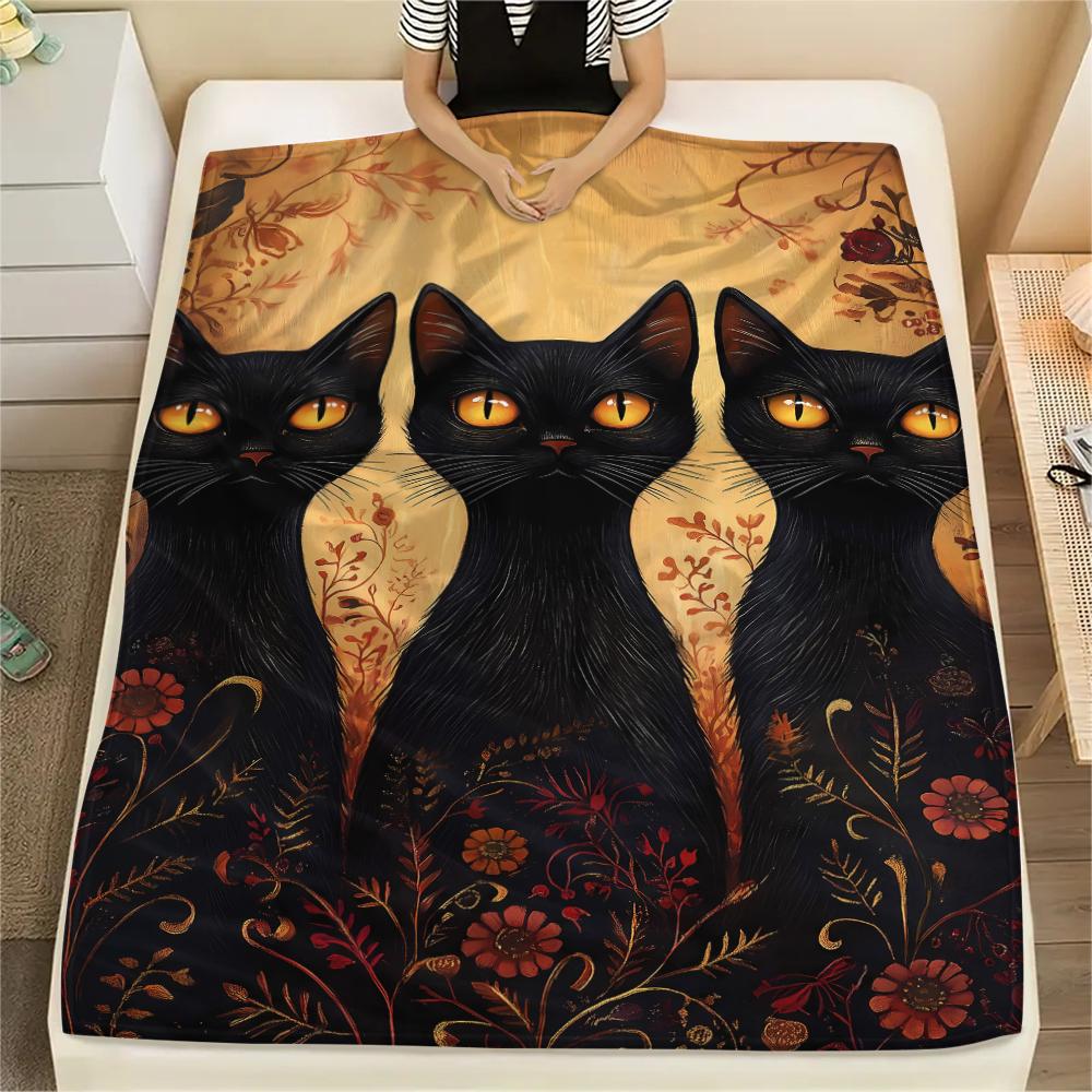 Retro Mysterious Kitten Print Flannel Blanket,High quality Comfortable for All Seasons,Home Decor,Warmth and Comfort,Perfect for Christmas Gifts