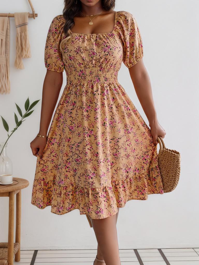 Real Shot Women's Skirt Spring and Summer New European and American Floral Square Neck Short Sleeve Waist Ruffled Dress