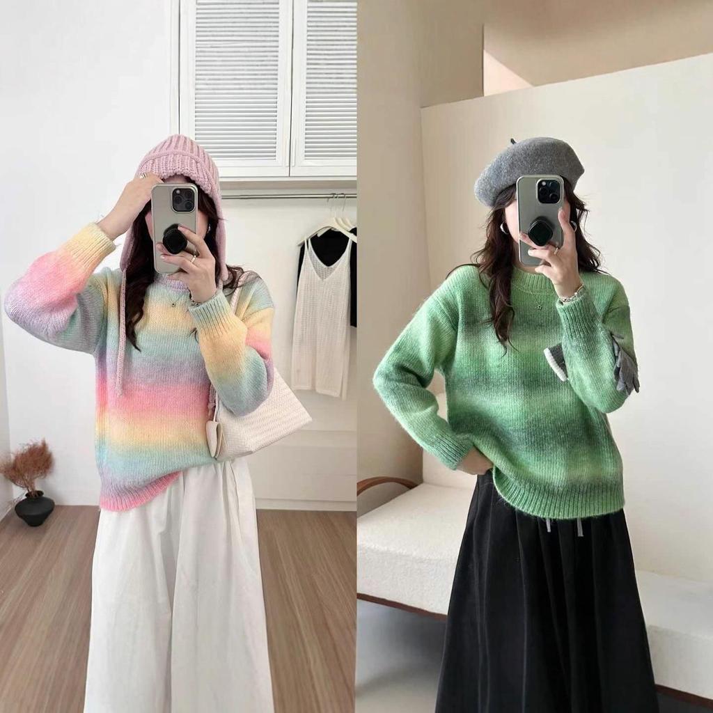 2025 Japanese Petal Style Oversized Gradient Knit Top - Colorful Striped Long Sleeve Outerwear
